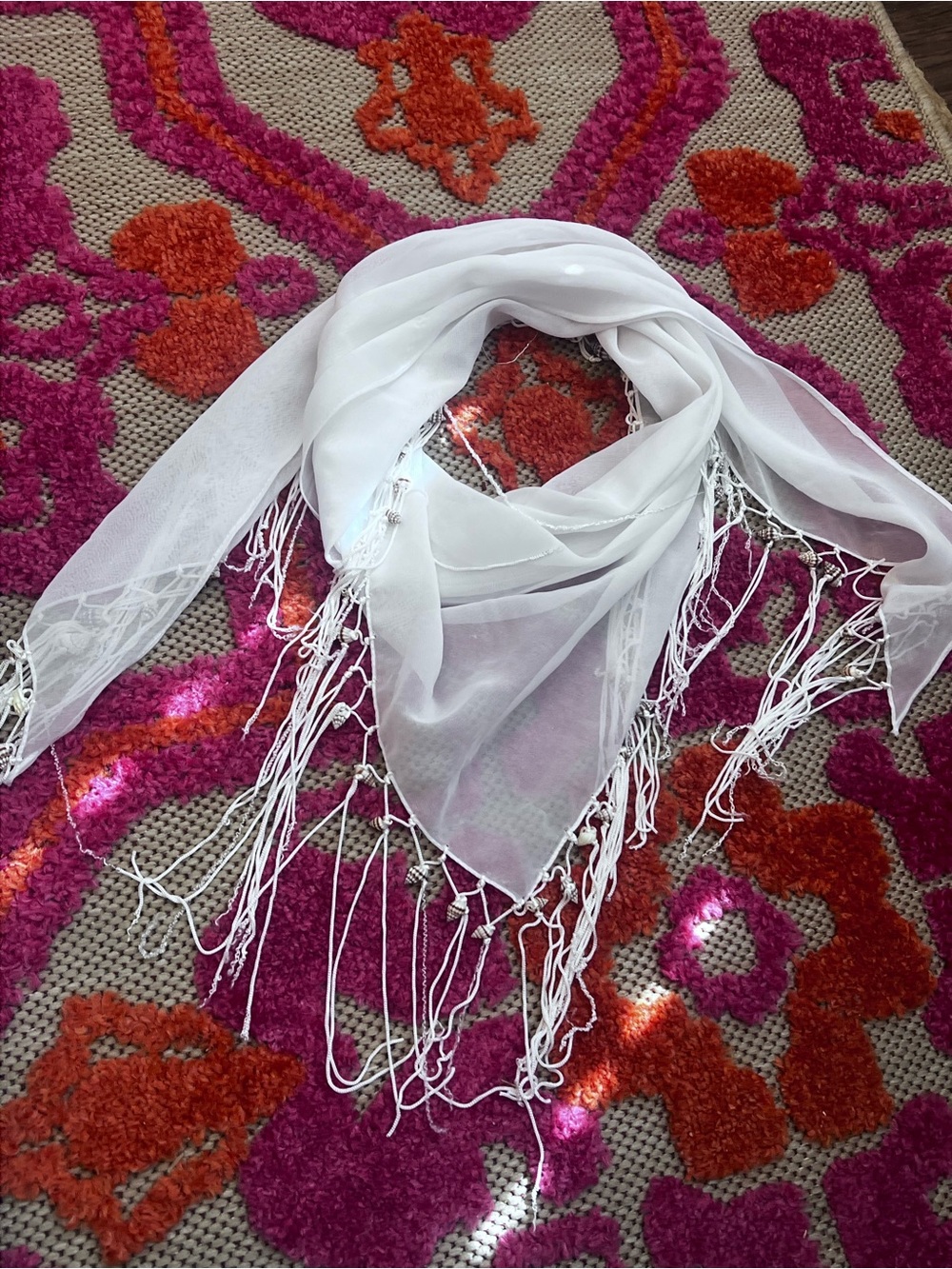 White Fringe Sheer Scarf for Women - Elegant Lightweight Wrap sea shells